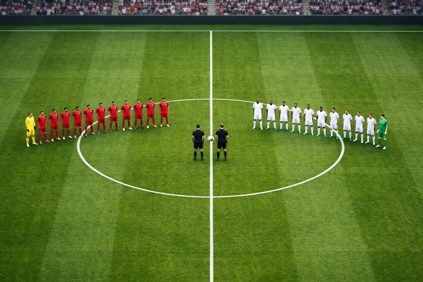 Dos equipos de f&uacute;tbol prepar&aacute;ndose para saque inicial en campo profesional