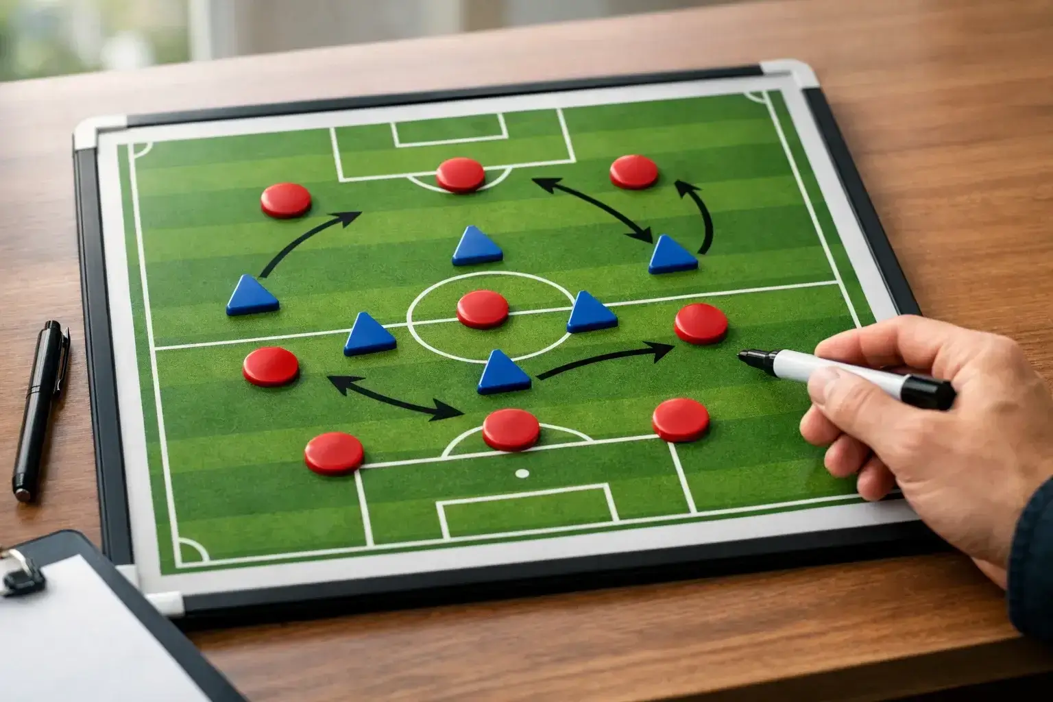 Pizarra táctica de fútbol con formaciones de equipos y flechas de movimiento dibujadas