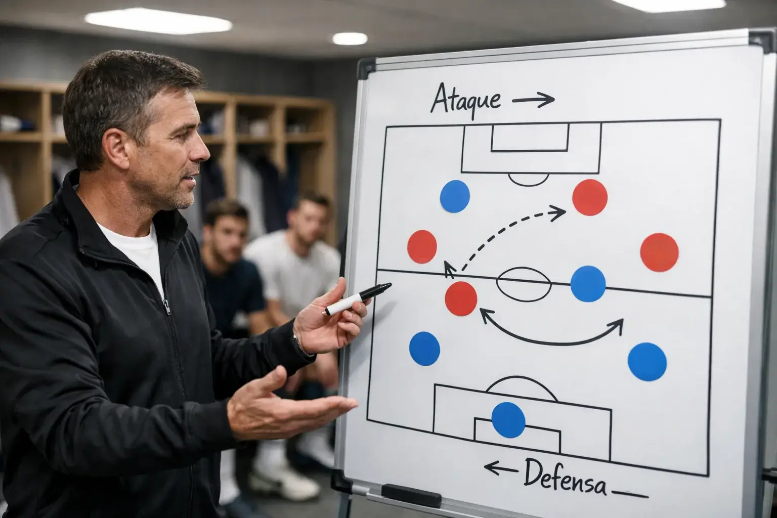 Entrenador de f&uacute;tbol explicando t&aacute;ctica con pizarra en vestuario
