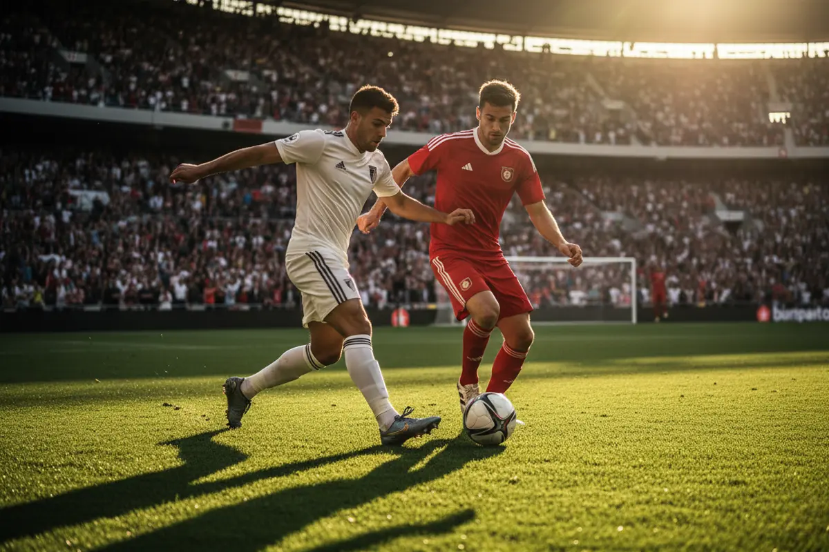 Jugadores de fútbol disputando un balón en un estadio lleno de aficionados