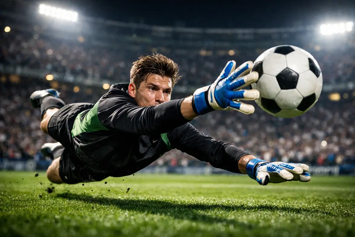 Dos porteros de fútbol en acción durante un partido en un estadio iluminado