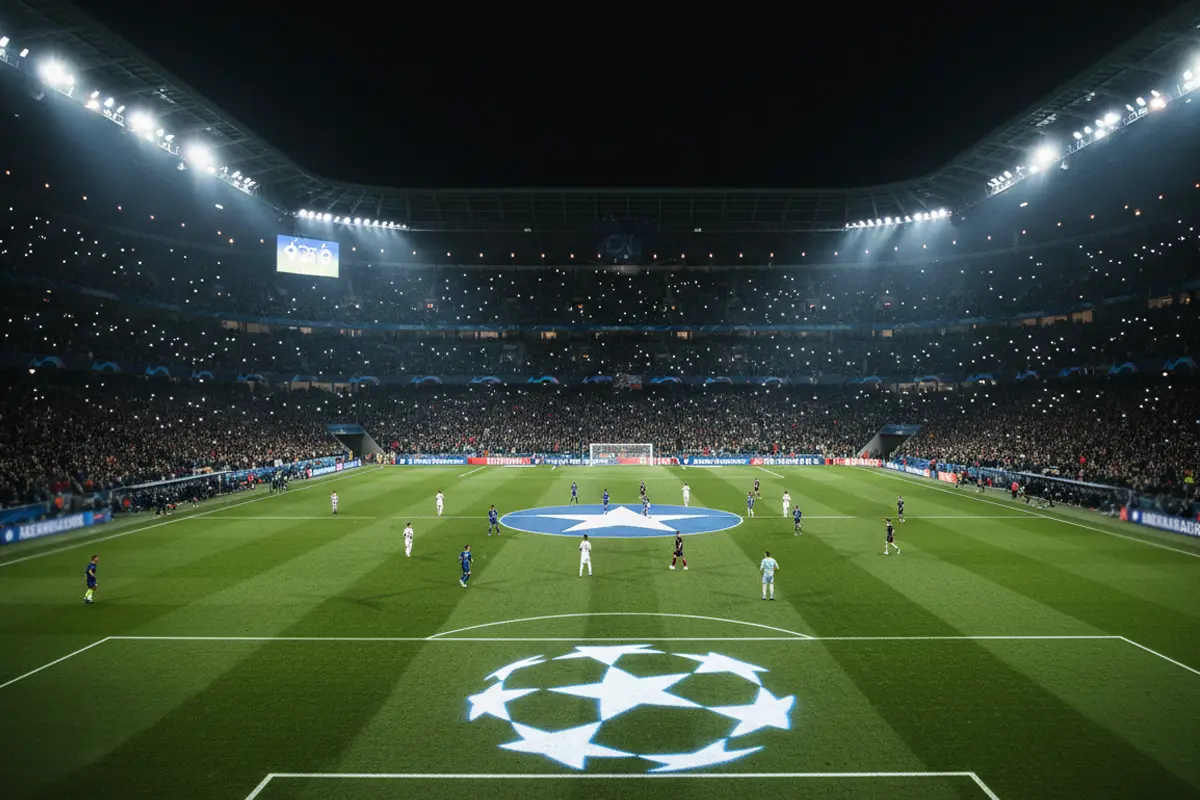 Partido nocturno de Champions League en un gran estadio europeo iluminado