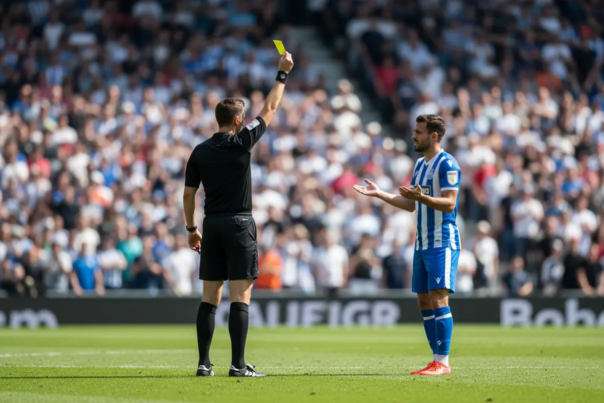 Árbitro de fútbol mostrando una tarjeta amarilla a un jugador durante un partido