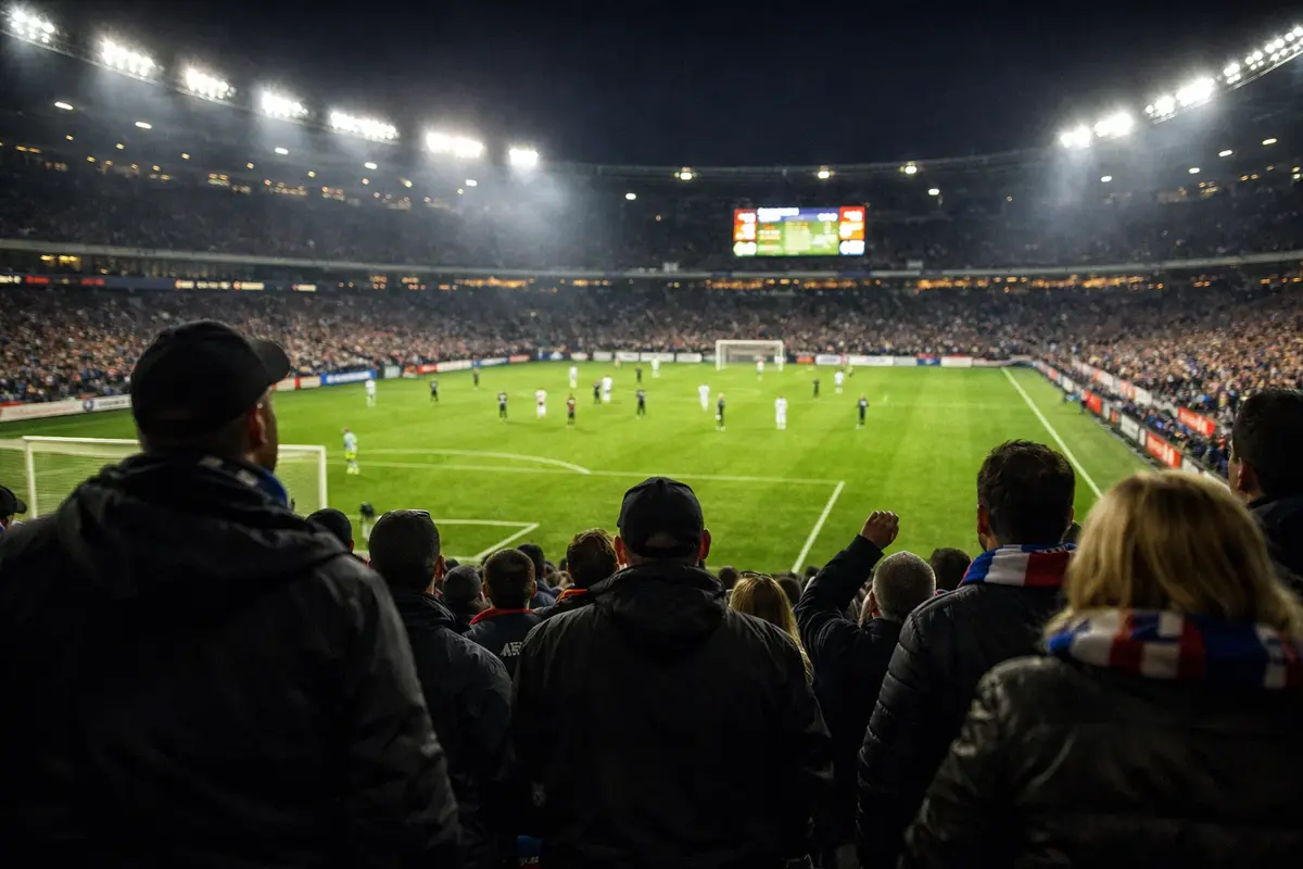 Aficionados viendo un partido de fútbol en directo en un estadio nocturno