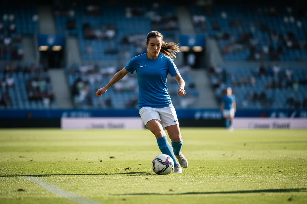 Jugadora de fútbol femenino controlando el balón en un campo de césped natural