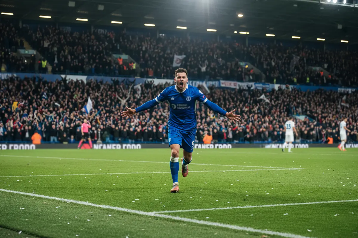 Delantero de fútbol celebrando un gol con los brazos abiertos frente a la grada