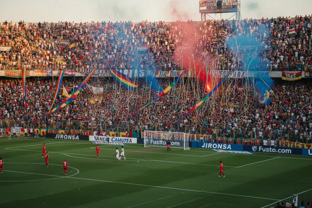 Estadio sudamericano con ambiente festivo y aficionados con banderas de colores