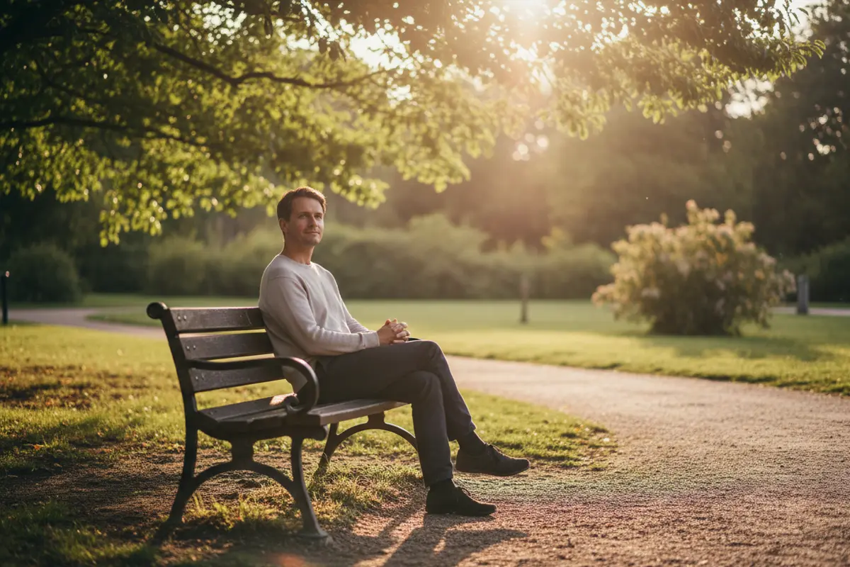 Persona reflexionando sentada en un banco de parque con luz natural cálida
