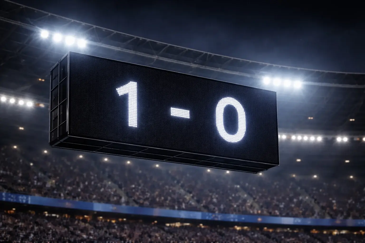 Tablero electr&oacute;nico de estadio mostrando marcador de partido de f&uacute;tbol