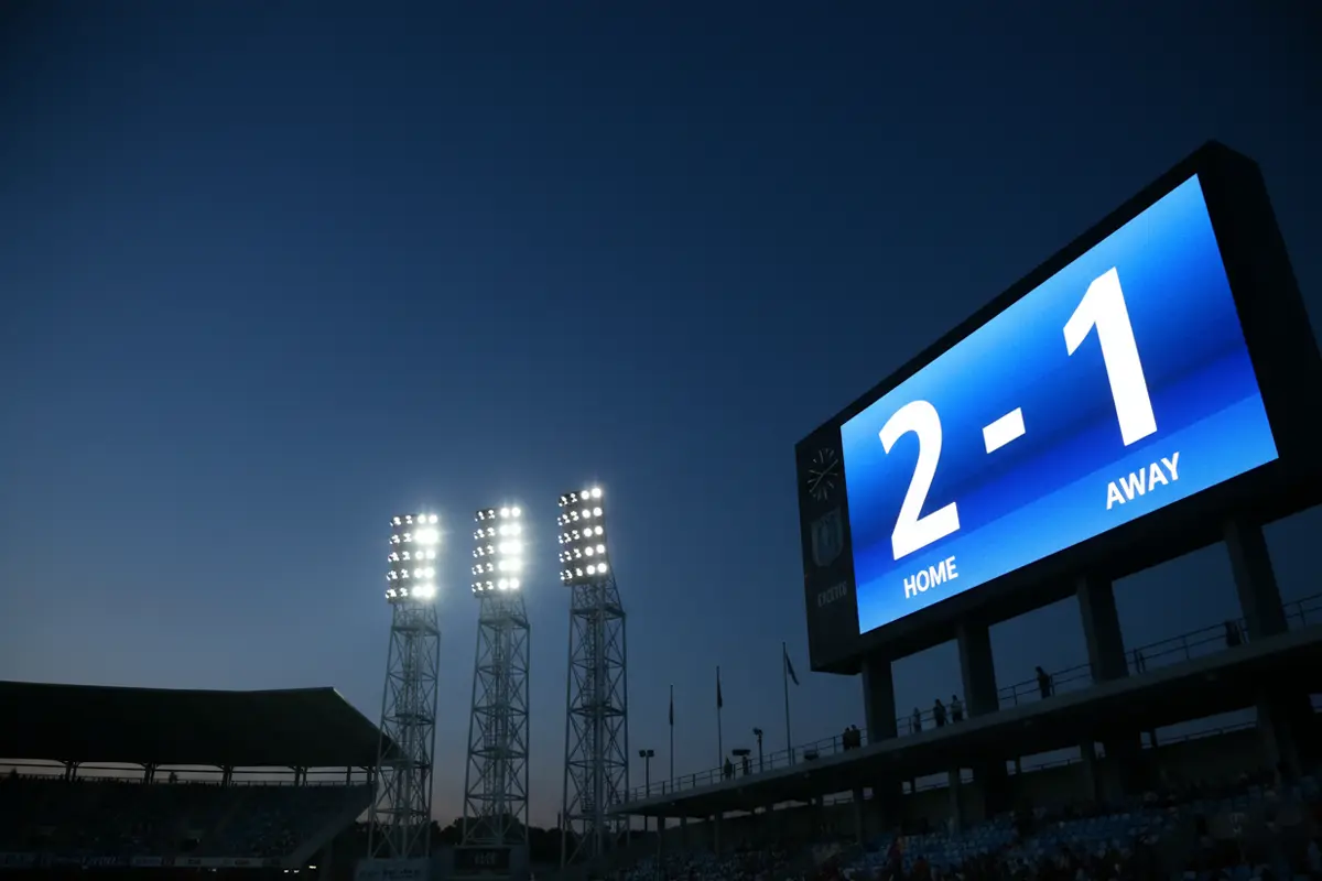 Marcador electrónico de un estadio de fútbol mostrando el resultado de un partido