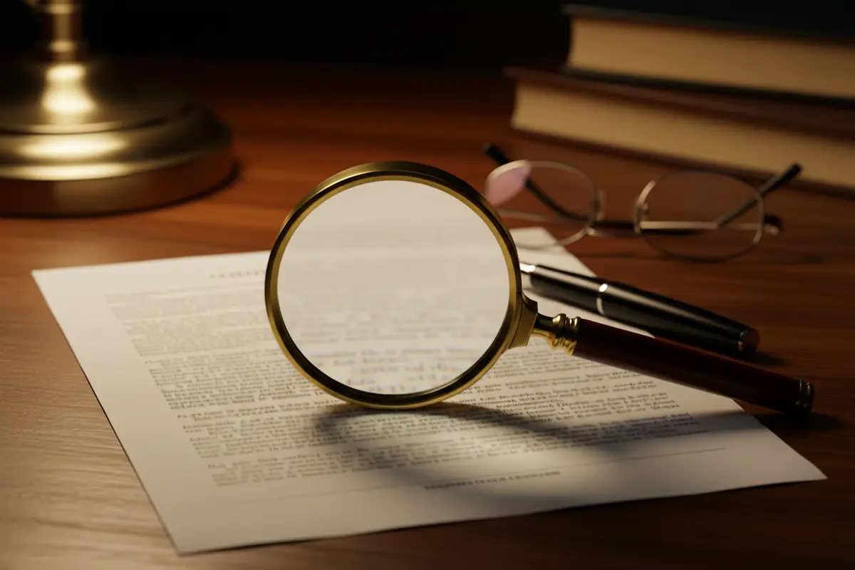 Documento de términos y condiciones sobre un escritorio con una lupa encima