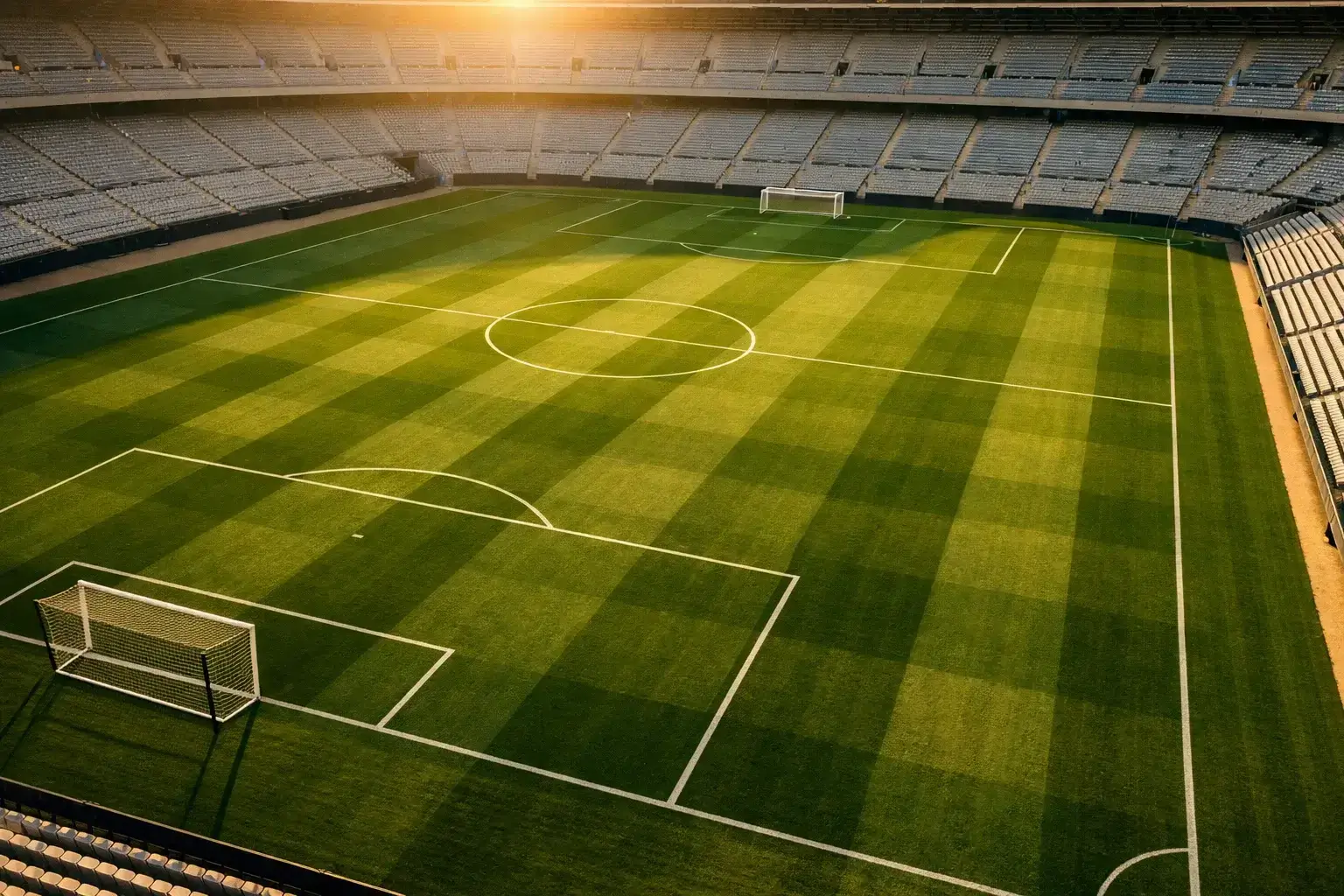Vista aérea de un campo de fútbol profesional con césped verde y líneas blancas marcadas