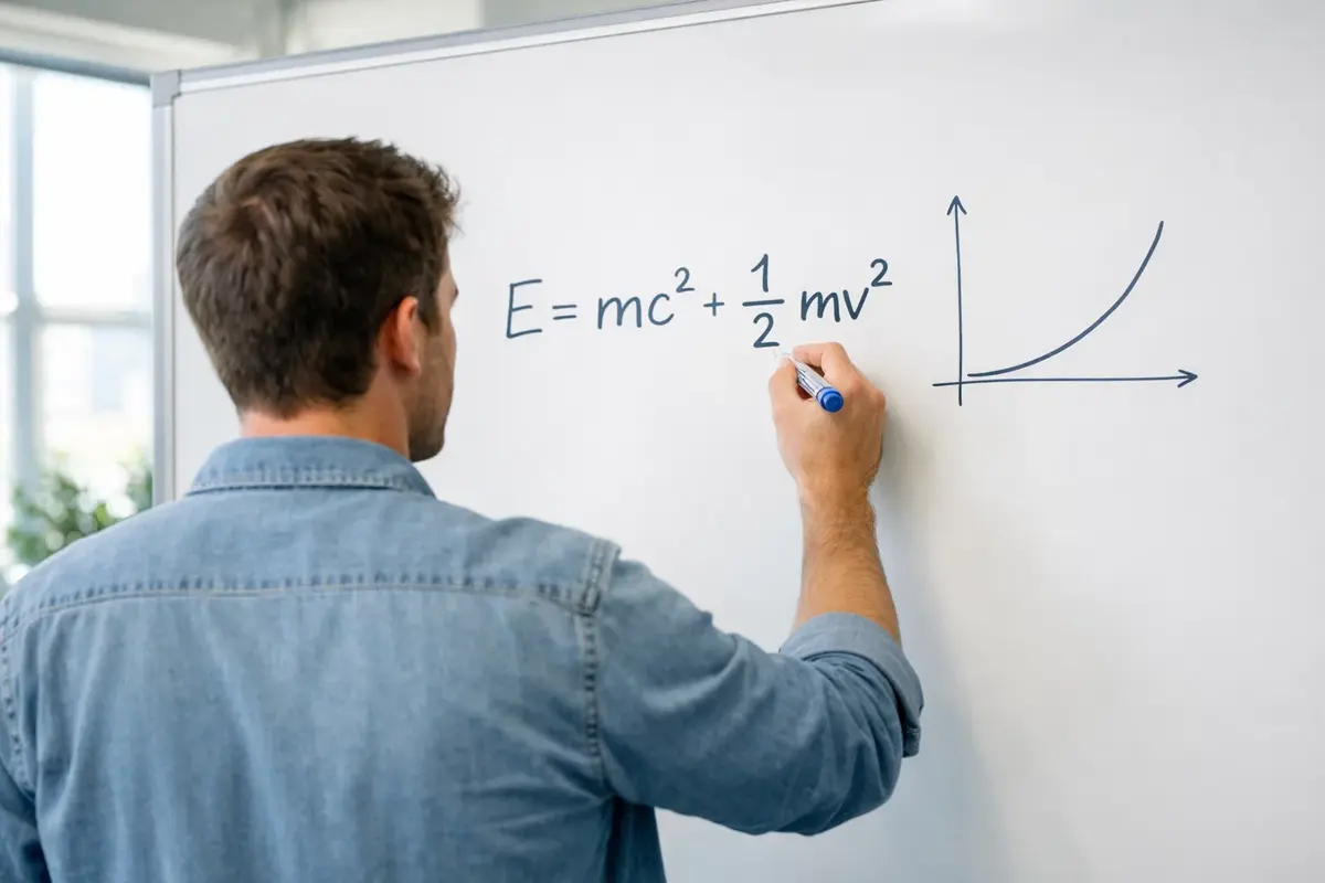 Persona calculando fórmulas matemáticas escritas en una pizarra blanca