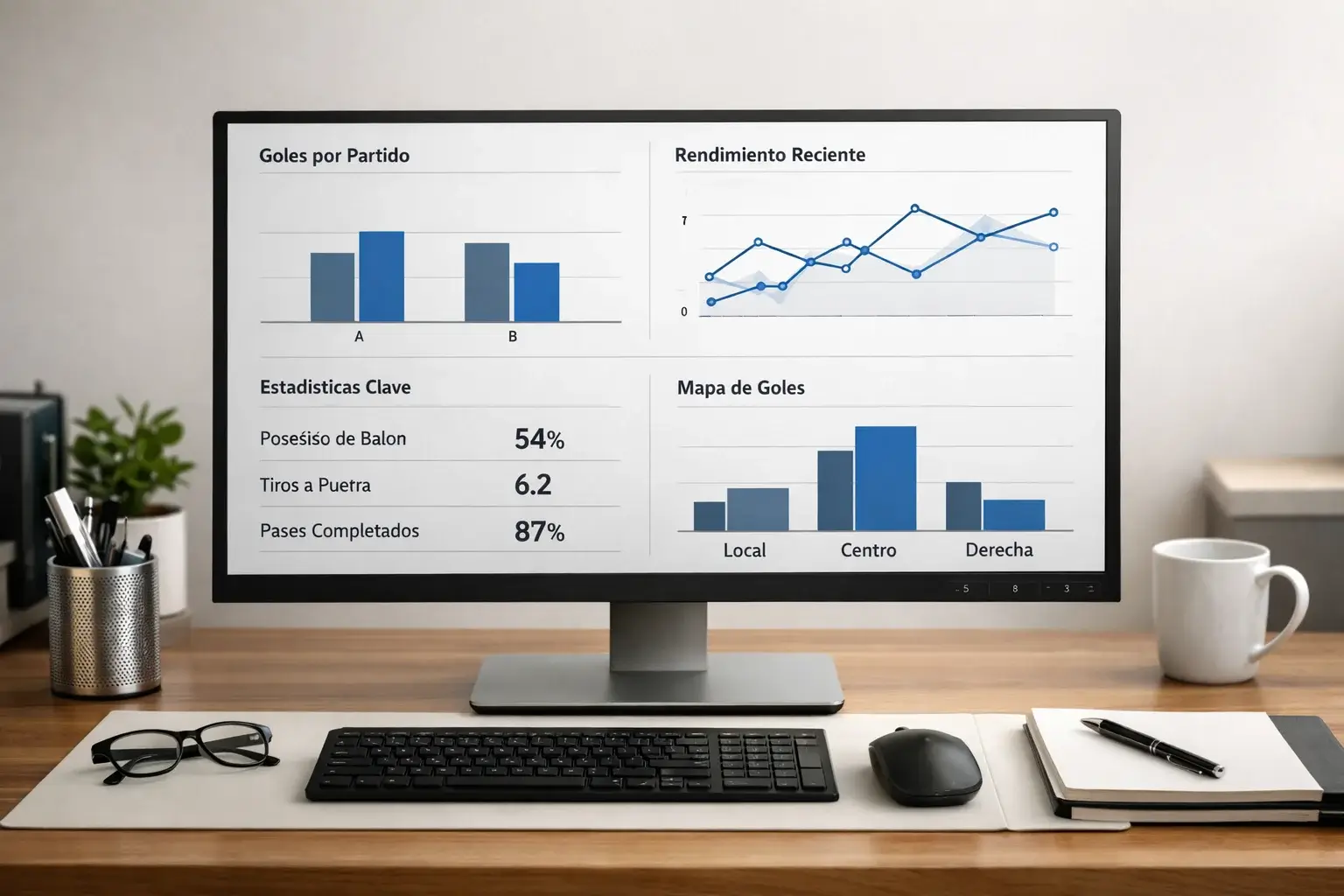 Pantalla de computadora mostrando gr&aacute;ficos de rendimiento de equipos de f&uacute;tbol