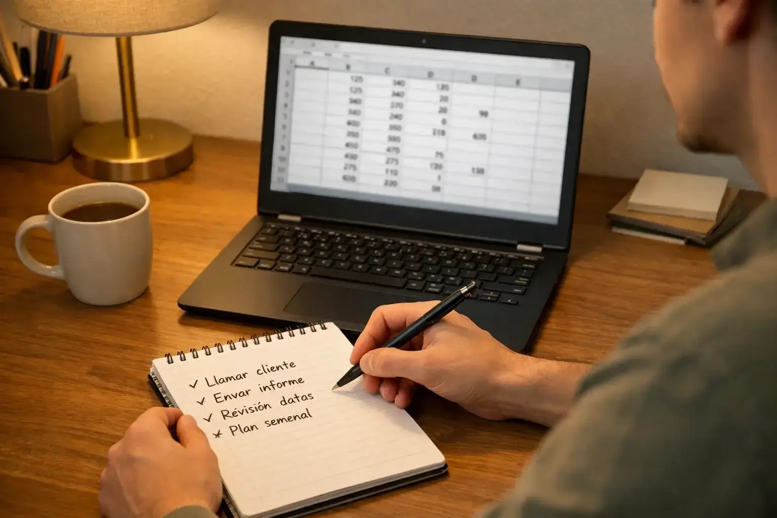 Persona tomando notas en un cuaderno mientras analiza datos deportivos en un portátil