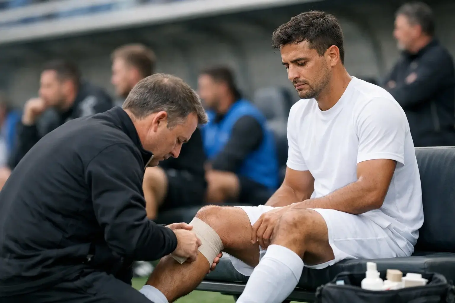 Jugador de f&uacute;tbol recibiendo atenci&oacute;n m&eacute;dica en el banquillo