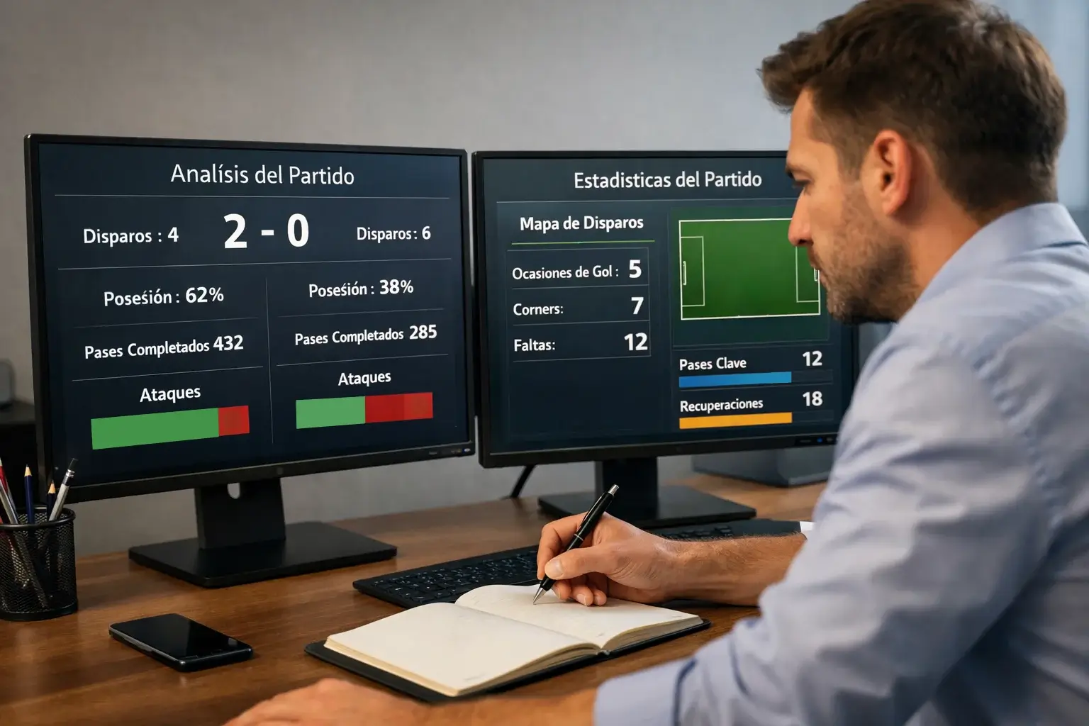 Analista deportivo revisando estad&iacute;sticas de equipos en pantalla de computadora