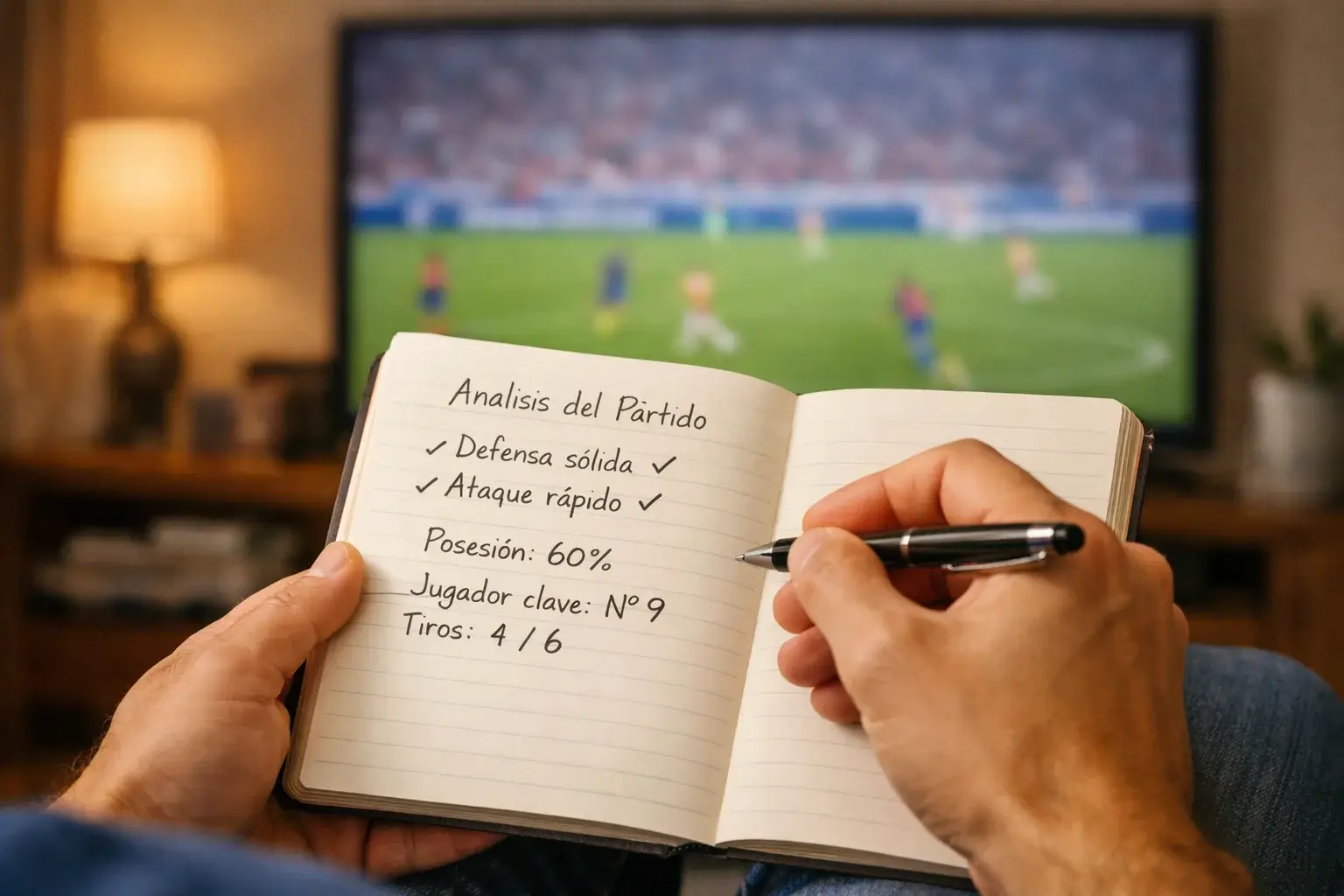 Persona analizando partido de fútbol con notas y estadísticas