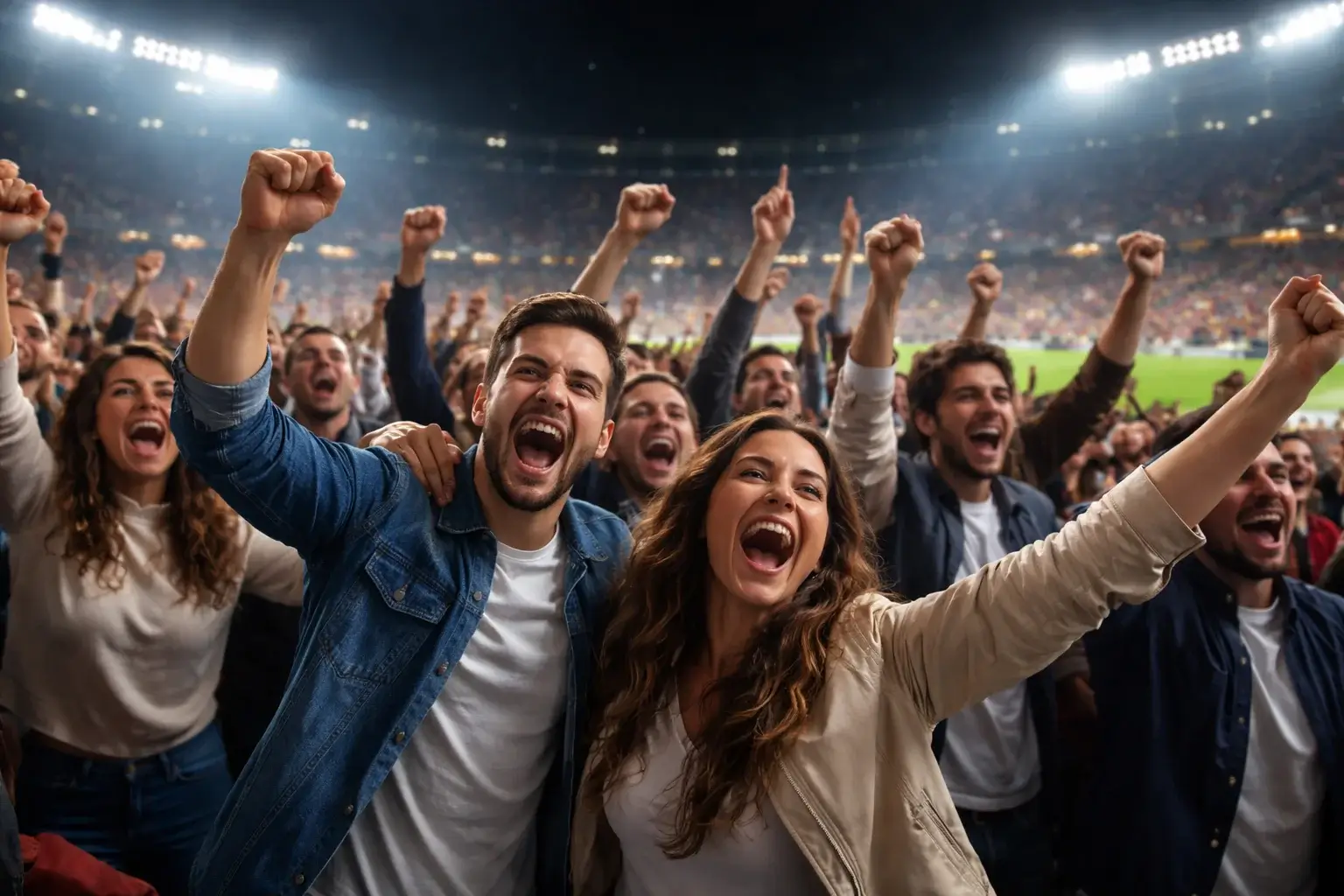 Aficionados celebrando en estadio de fútbol durante partido nocturno