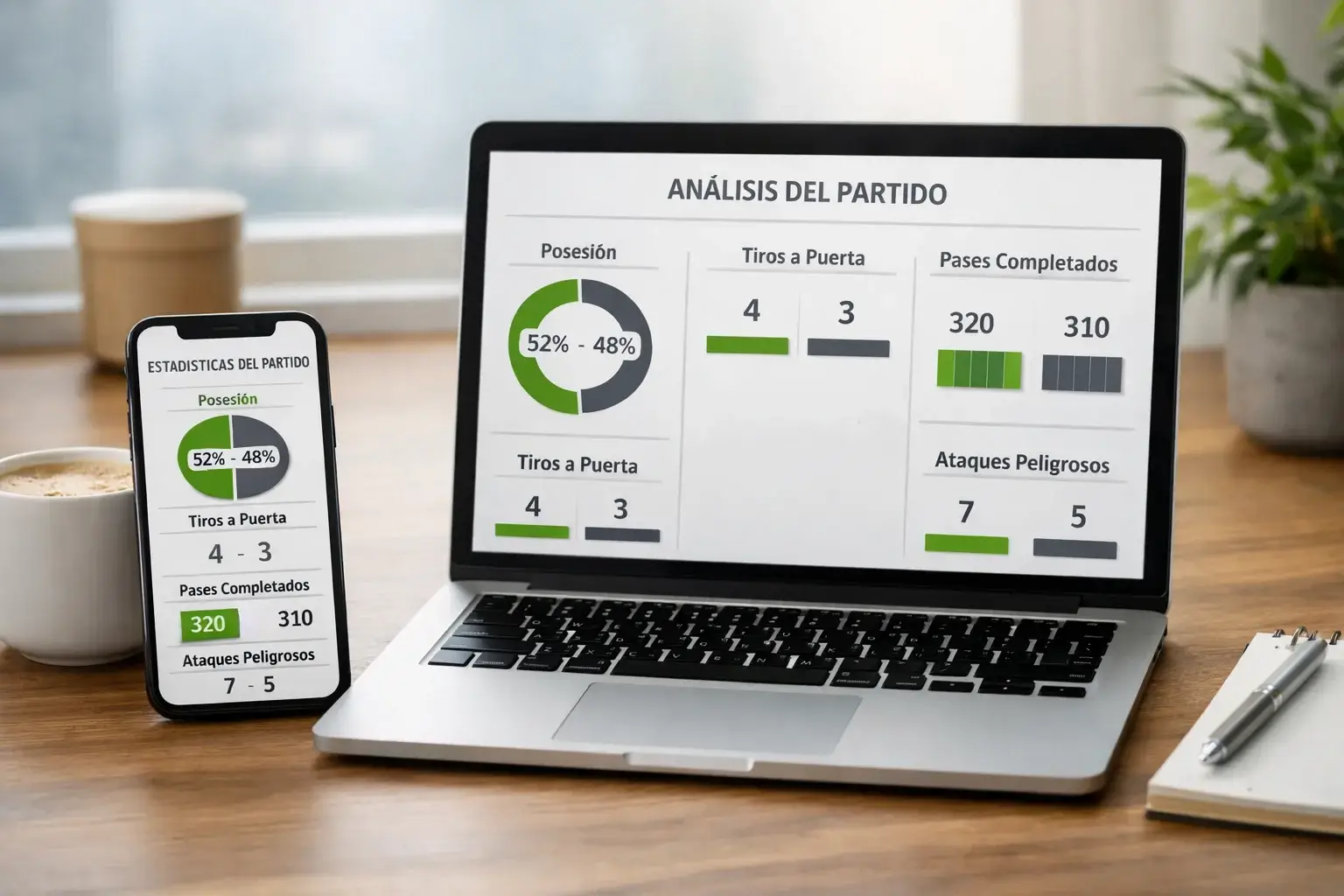 Smartphone mostrando aplicaci&oacute;n de estad&iacute;sticas de f&uacute;tbol junto a port&aacute;til