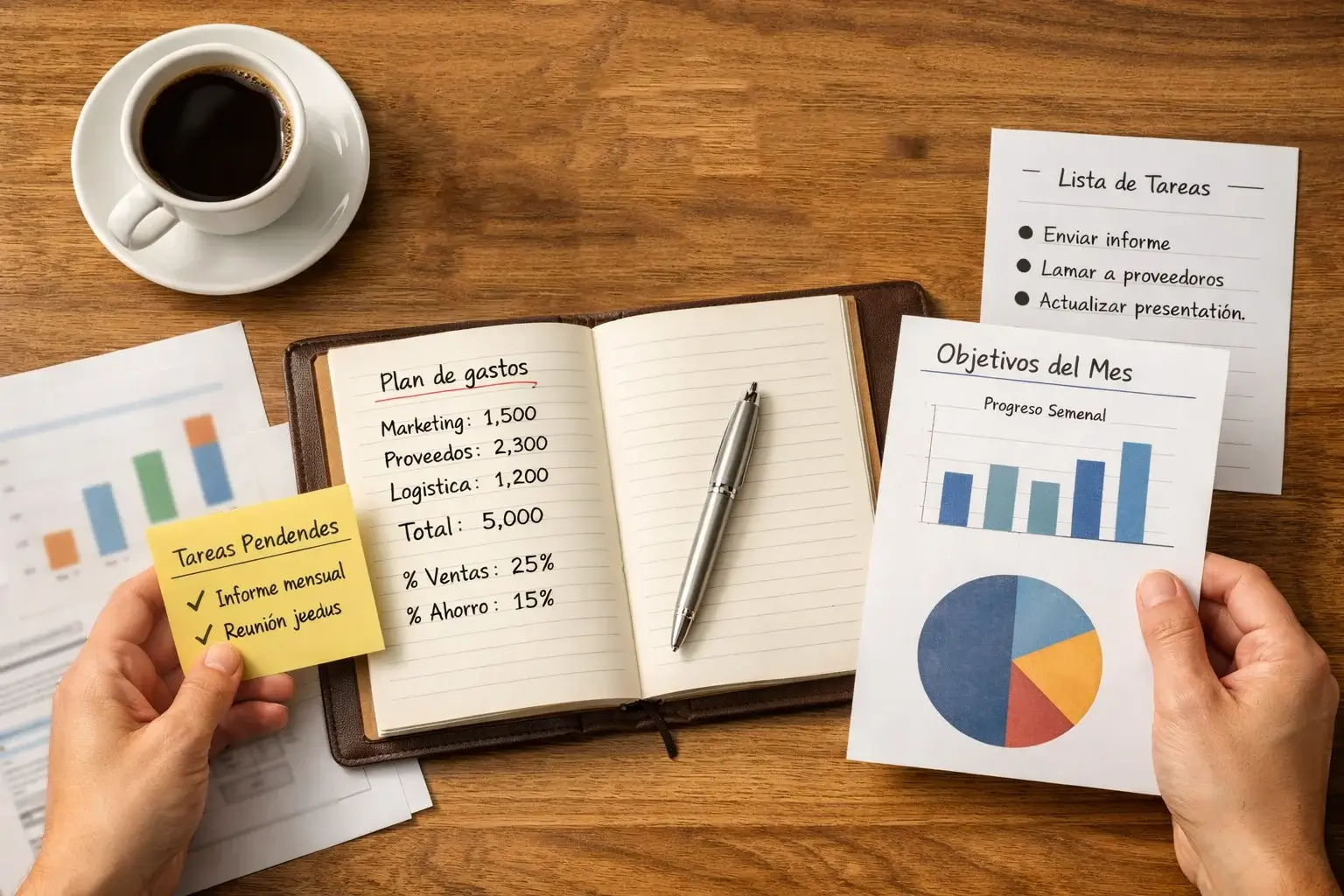 Persona organizando documentos financieros con notas y bol&iacute;grafo