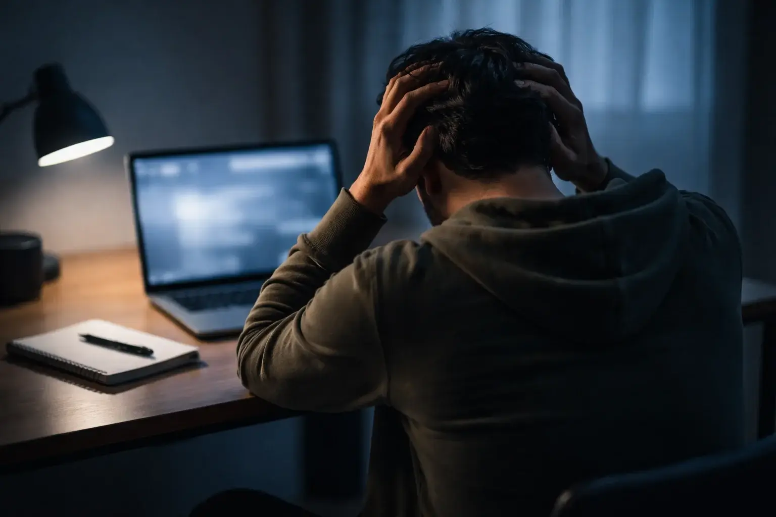 Persona frustrada con las manos en la cabeza frente a pantalla