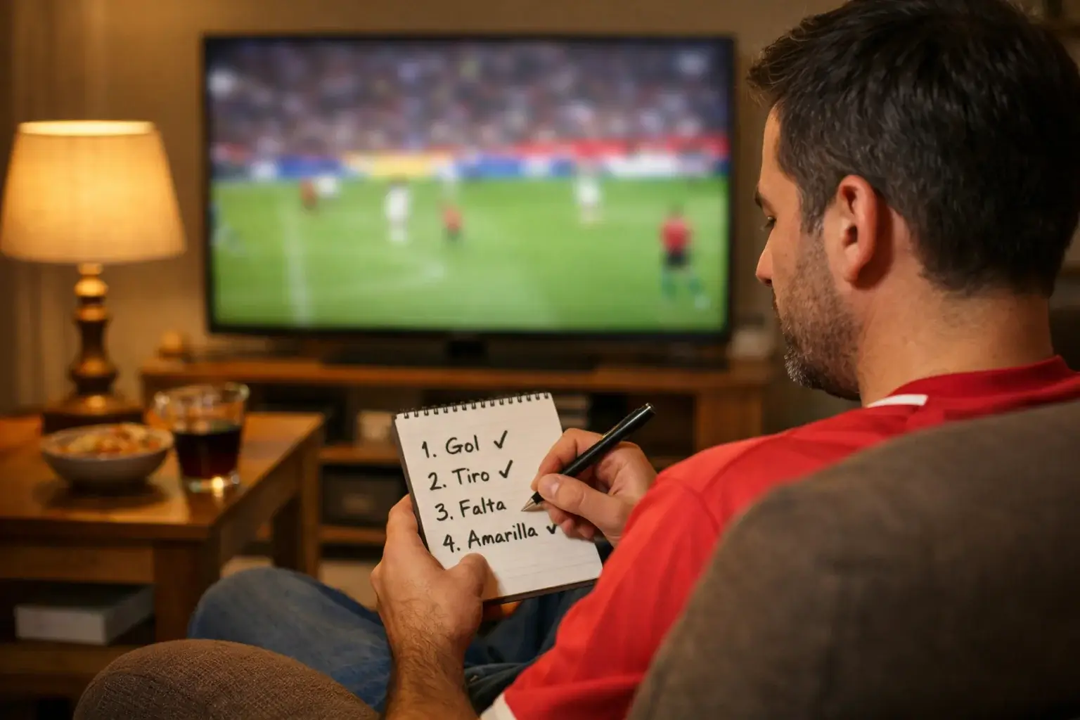 Aficionado concentrado viendo partido de f&uacute;tbol con bloc de notas