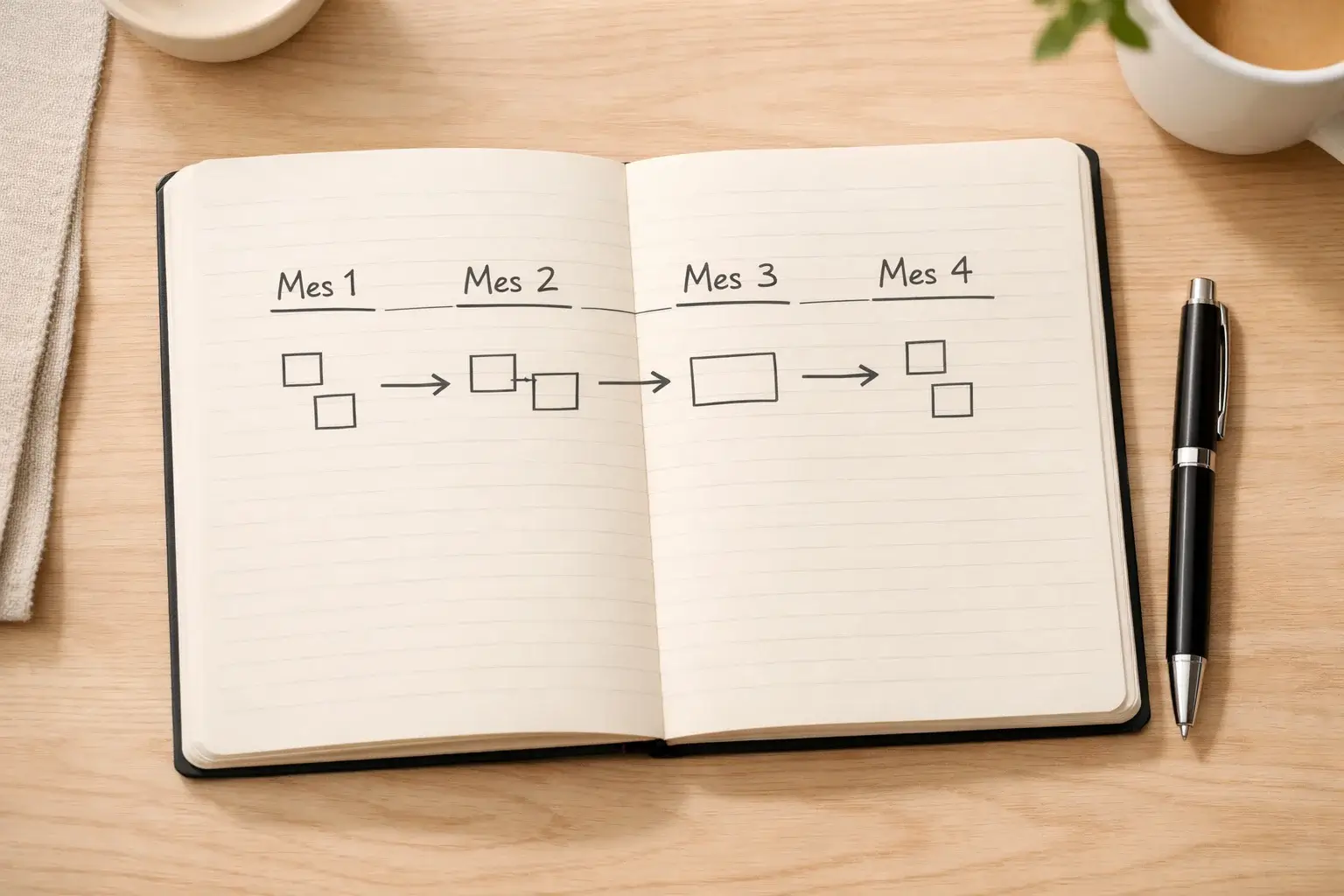 Mesa de trabajo con bloc de notas abierto y l&iacute;nea de tiempo dibujada