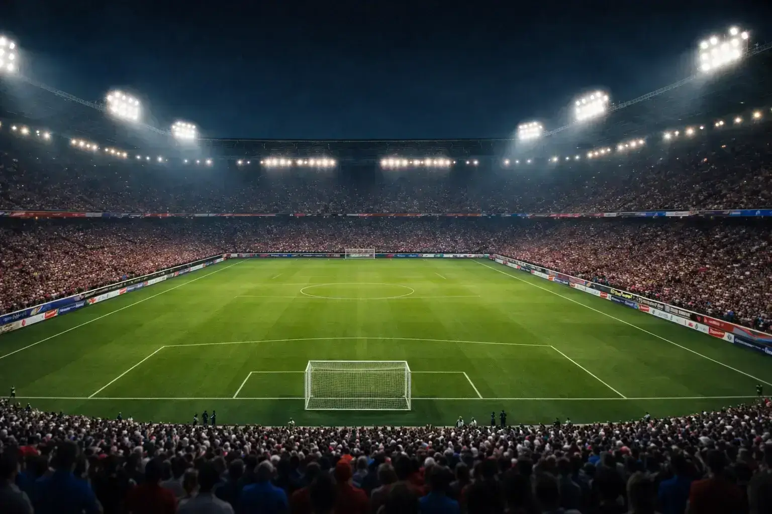 Vista panorámica de estadio de fútbol lleno de aficionados