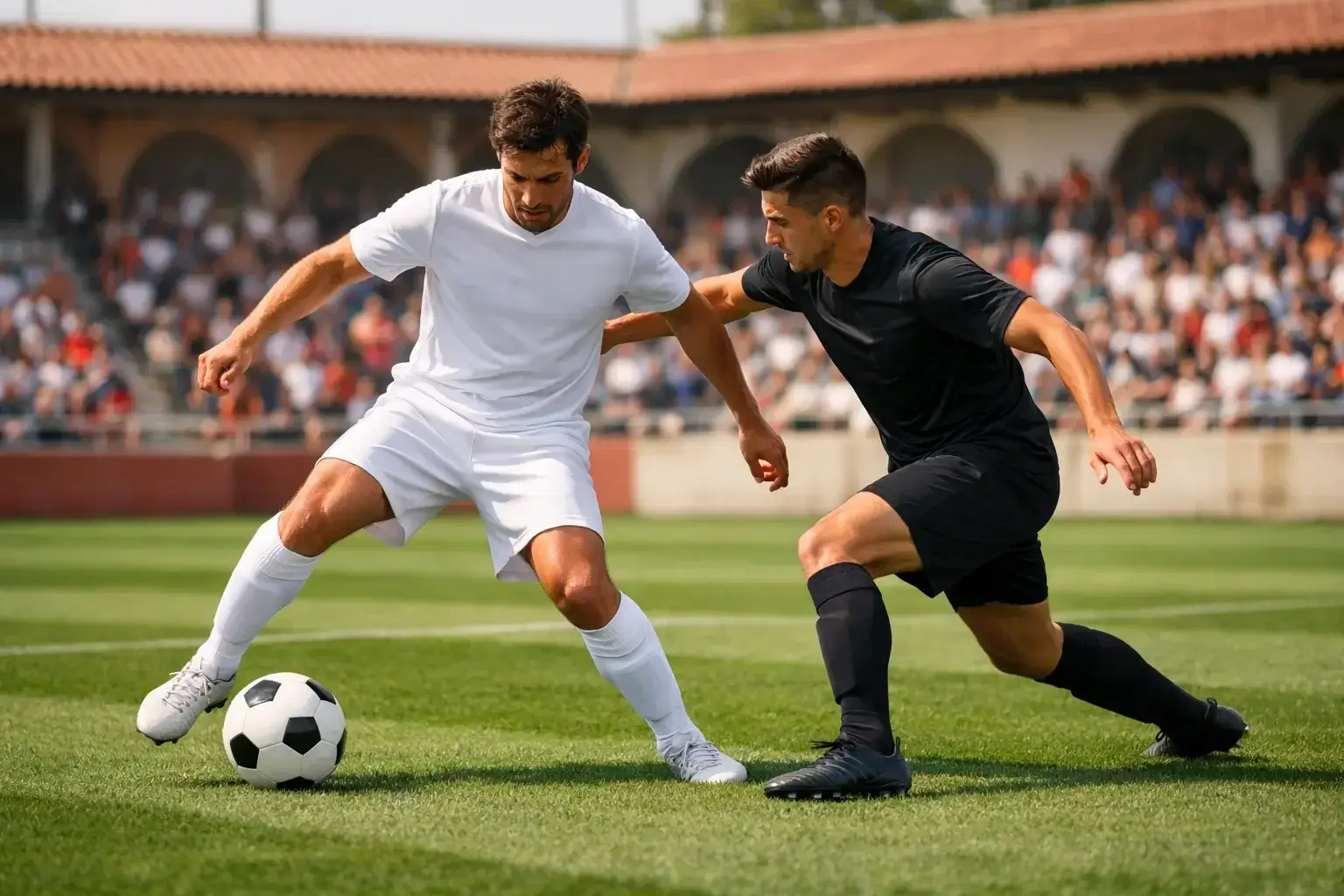 Partido de f&uacute;tbol en estadio espa&ntilde;ol con c&eacute;sped perfectamente cortado