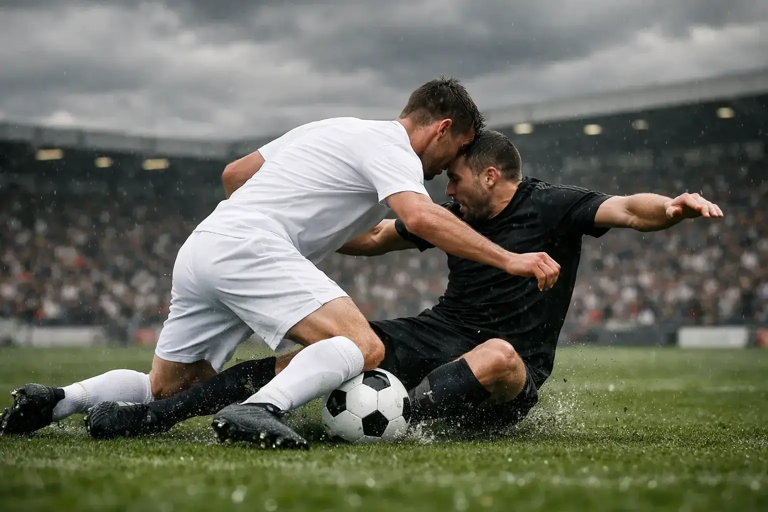 Acci&oacute;n intensa de partido en estadio ingl&eacute;s bajo cielo nublado