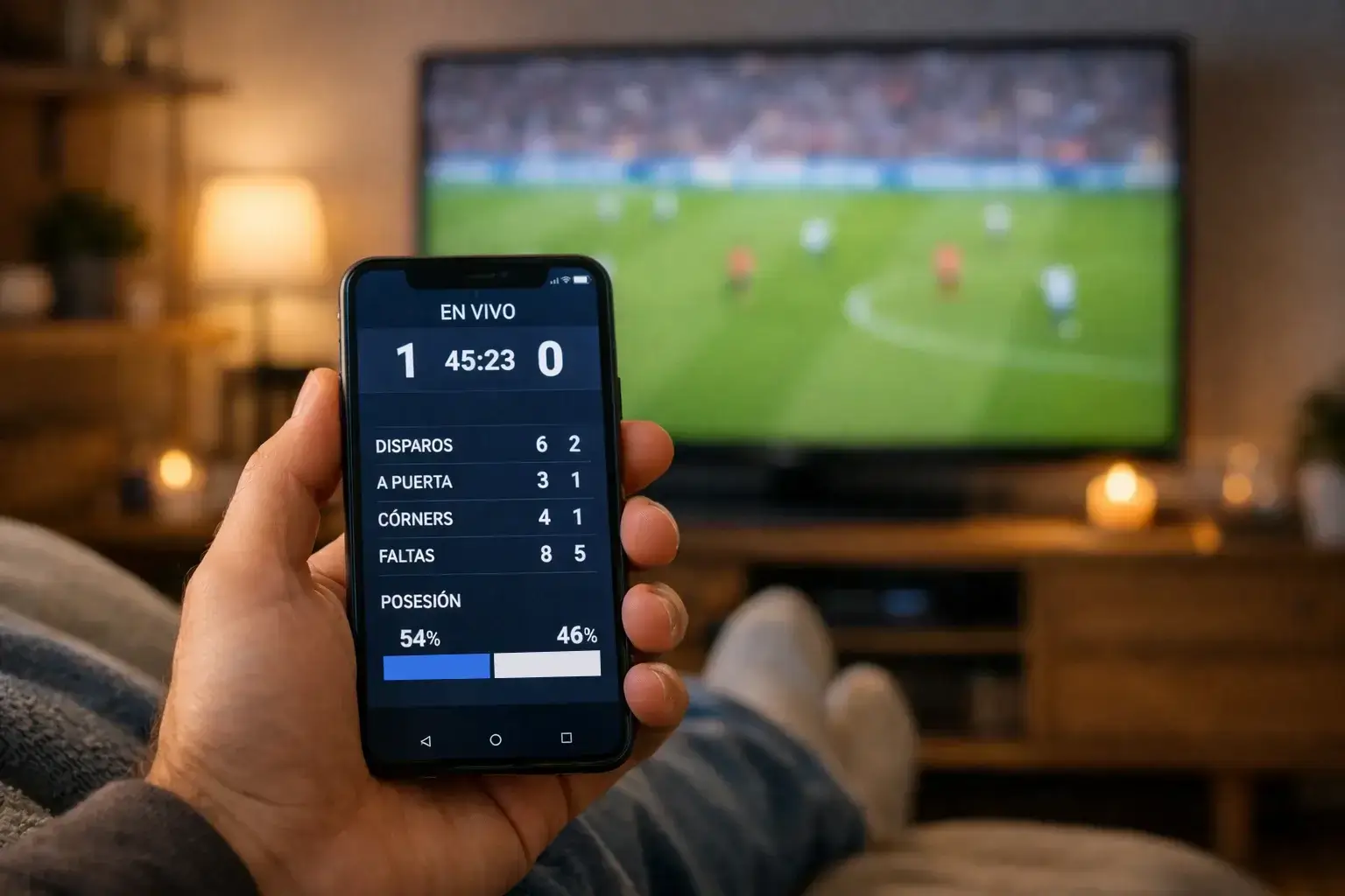 Persona mirando smartphone con datos de partido en tiempo real