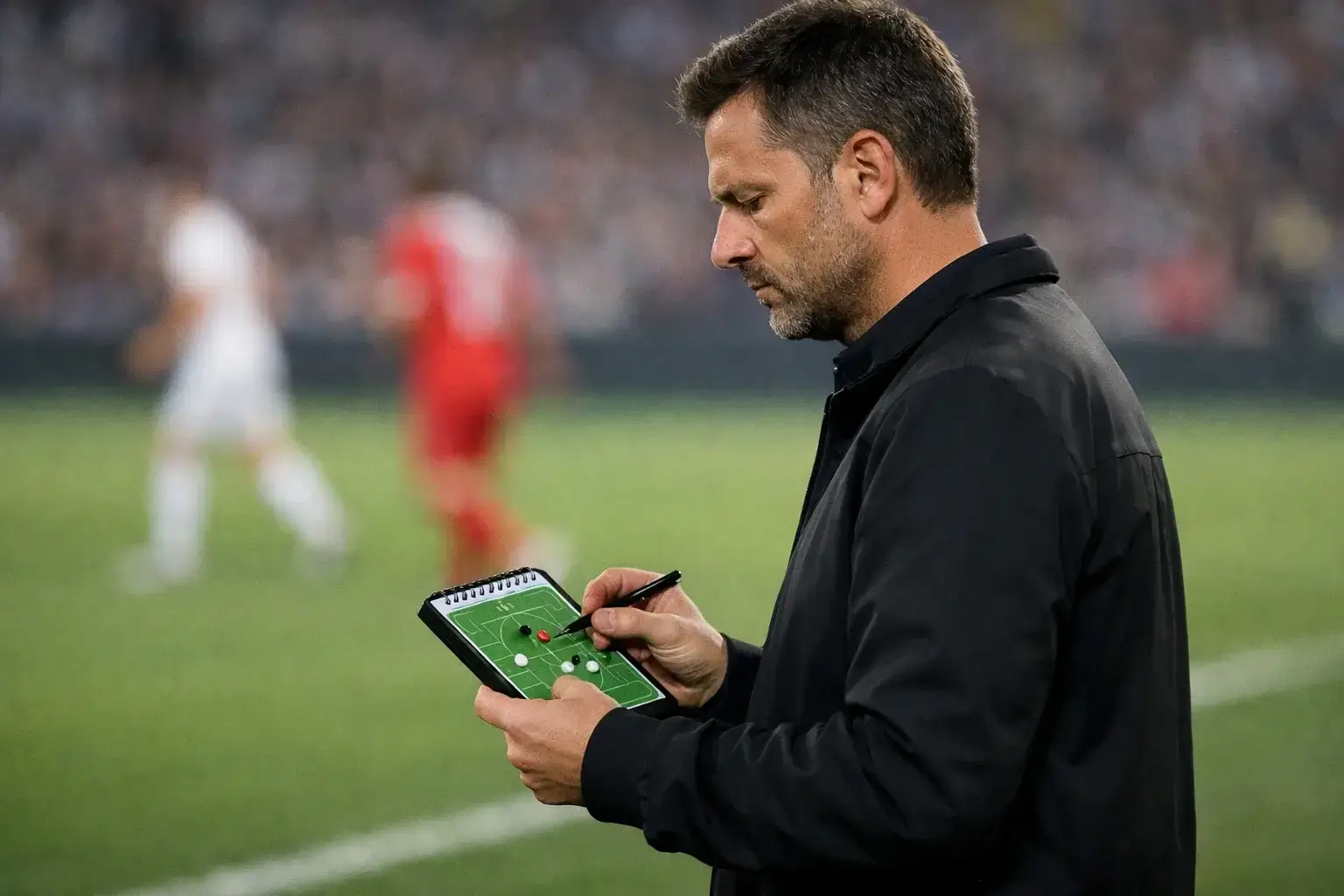 Entrenador de f&uacute;tbol observando t&aacute;ctica desde banda del campo