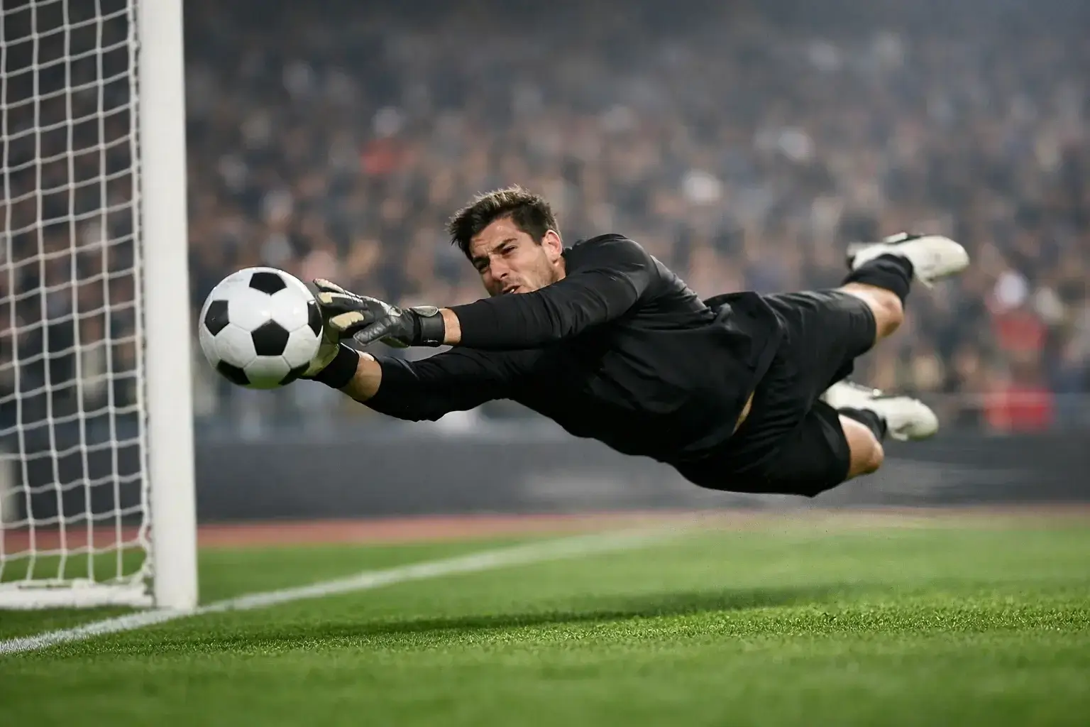 Portero atrapando bal&oacute;n durante partido de f&uacute;tbol profesional