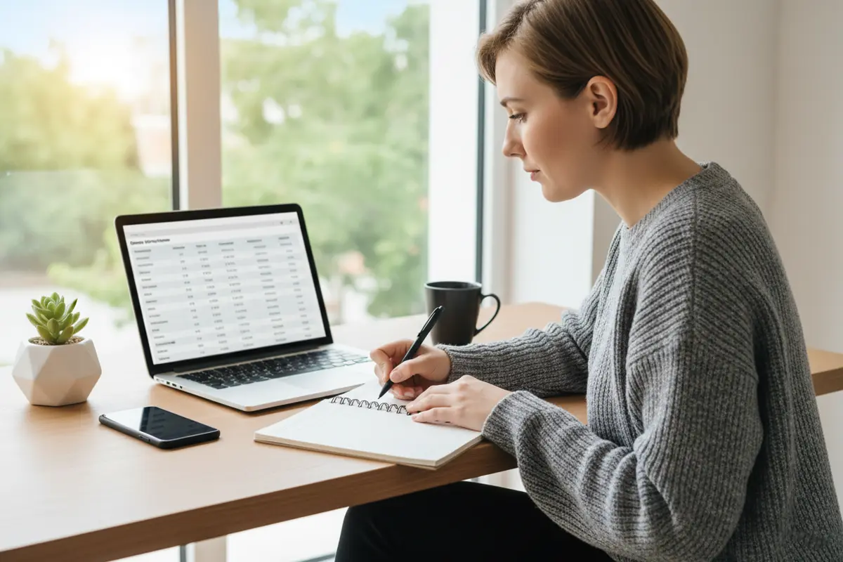 Persona comparando opciones en un portátil moderno en un escritorio ordenado