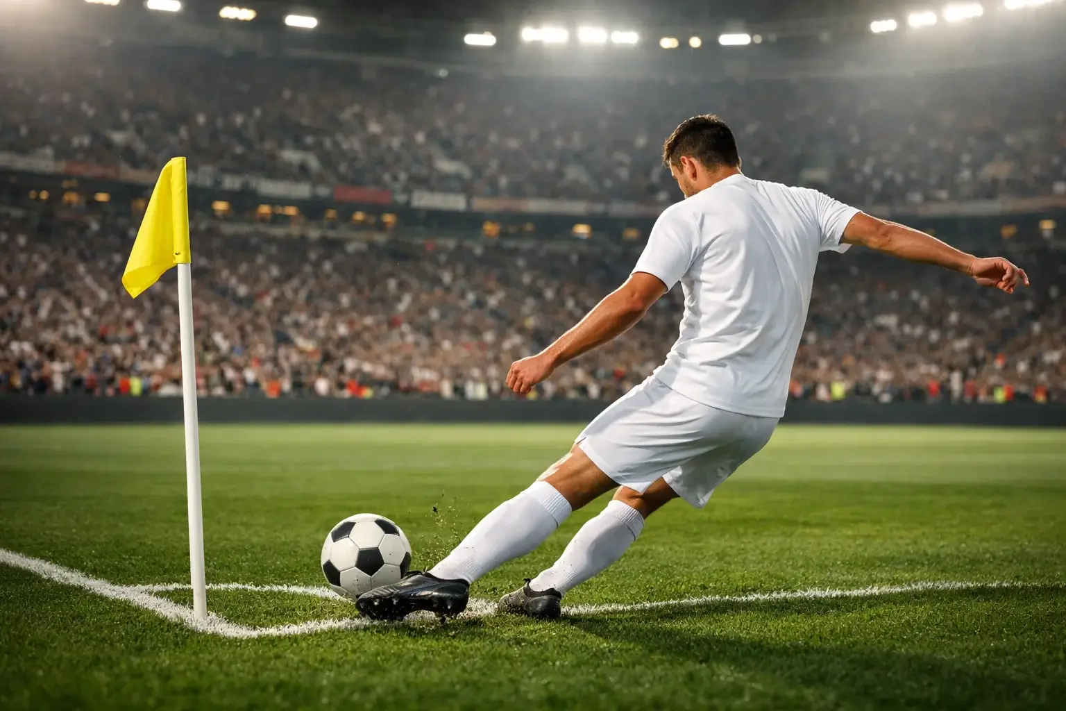 Jugador ejecutando tiro de esquina en partido de f&uacute;tbol profesional