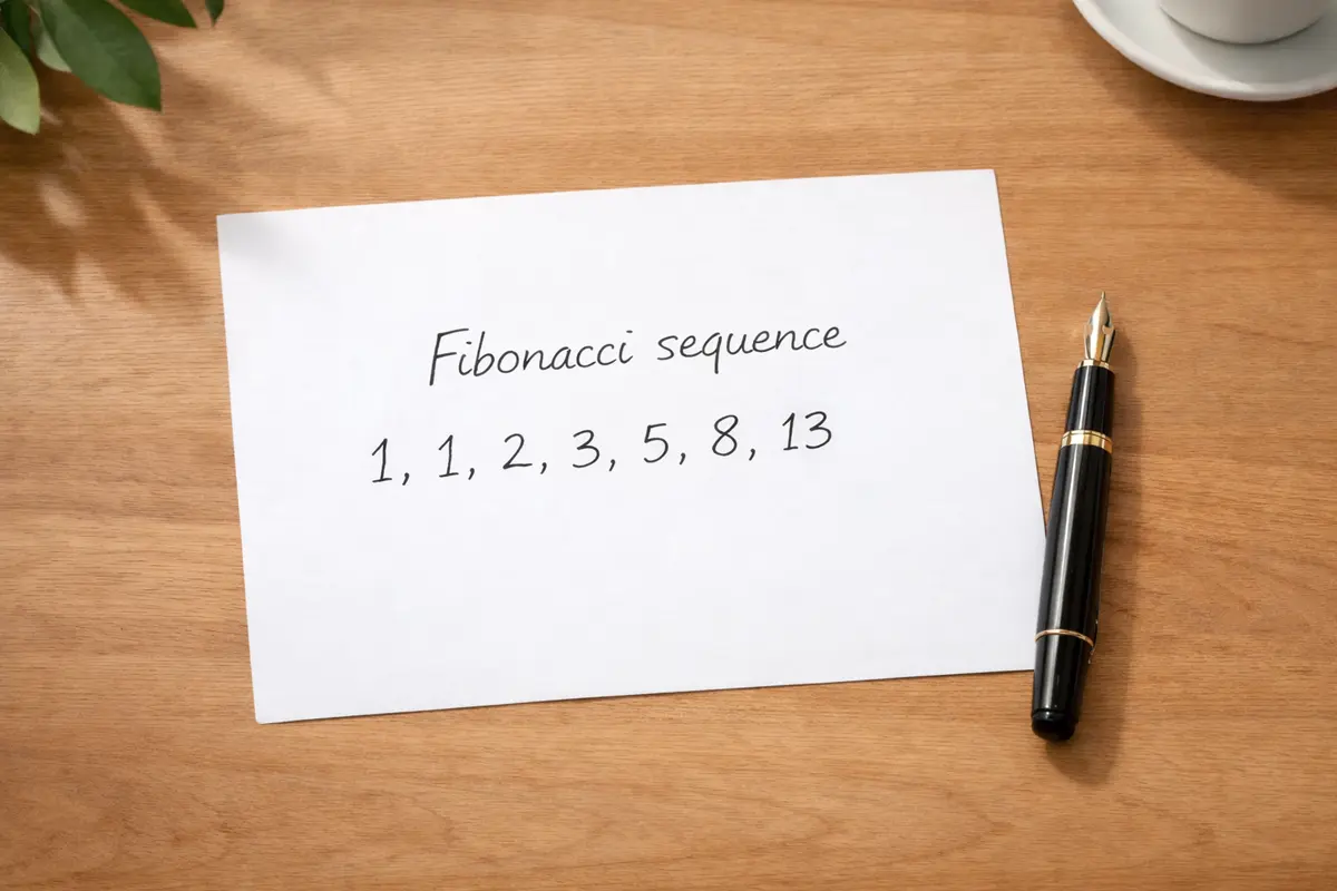 Secuencia de Fibonacci representada con objetos sobre un escritorio de madera