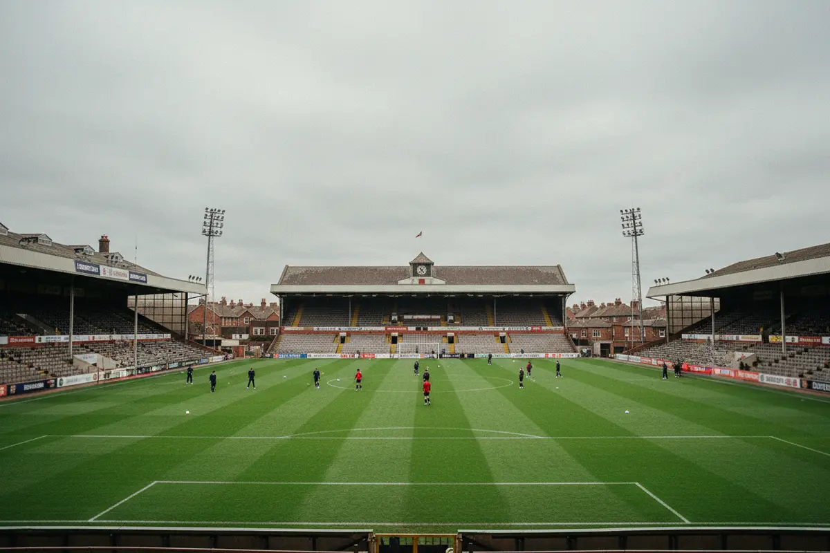 Estadio de fútbol inglés con césped verde intenso bajo cielo nublado