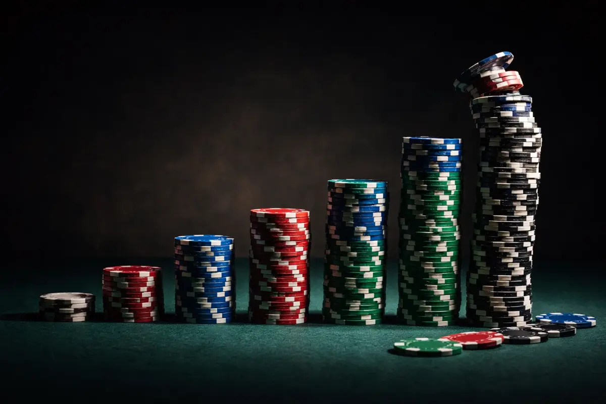 Fichas de apuestas apiladas en altura sobre una mesa con iluminación dramática