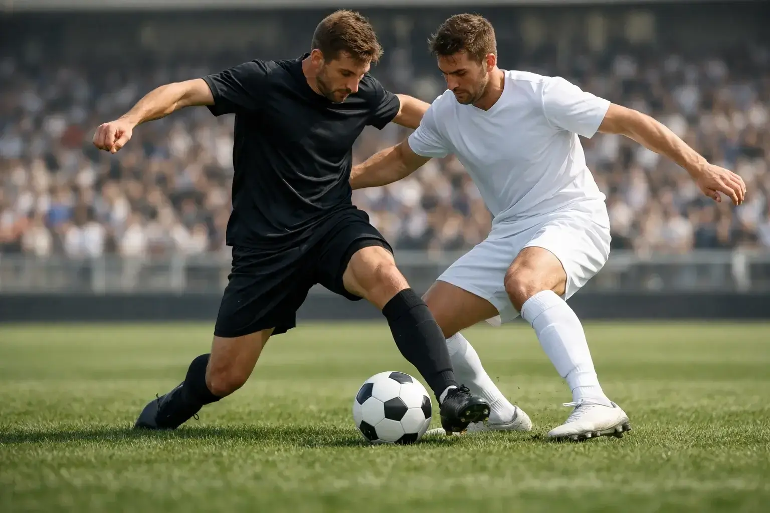 Jugadores de fútbol disputando un balón en un campo de césped durante un partido de liga