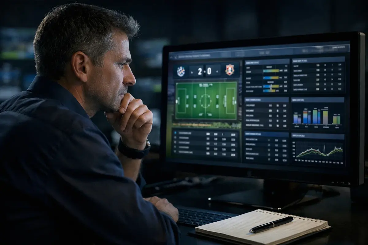 Analista deportivo estudiando estadísticas de fútbol en una pantalla de ordenador